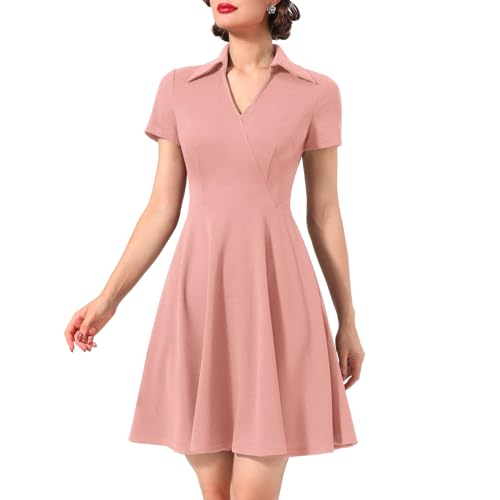 Timormode Rockabilly Kleider Damen 50er Jahre Vintage Kurzarm V-Ausschnitt Swing Coctailkleid Festlich Knielang Kleid Rockabilly Kleider Damen Blush S von Timormode