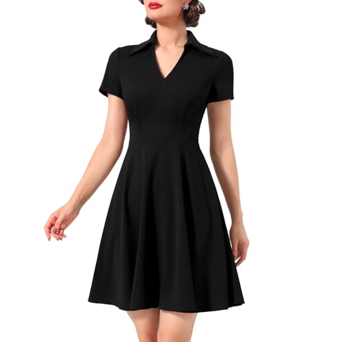 Timormode Rockabilly Kleider Damen 50er Jahre Vintage Kurzarm V-Ausschnitt Swing Coctailkleid Festlich Knielang Kleid Rockabilly Kleider Damen Schwarz S von Timormode