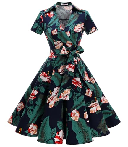 Timormode Rockabilly Kleider Damen V-Ausschnitt Midi Festliche Kleider für Hochzeit Vintage Cocktailkleid Navy Flower M von Timormode