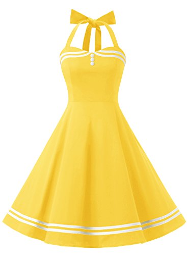 Timormode Damen Neckholder 1950er Vintage Retro Rockabilly Cocktailkleid Party Festlich Kleider 10387 Gelb XL von Timormode