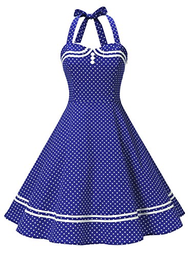 Timormode Damen Neckholder 1950er Vintage Retro Rockabilly Cocktailkleid Party Festlich Kleider 10387 Royal Blue Punkte XL von Timormode