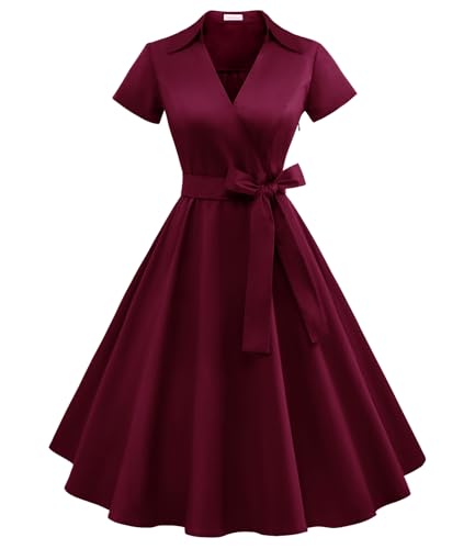 Timormode Schönes Kleid für Damen A-Line Swing Cocktail Festlich Midilang Rockabilly Kleid Burgundy L von Timormode