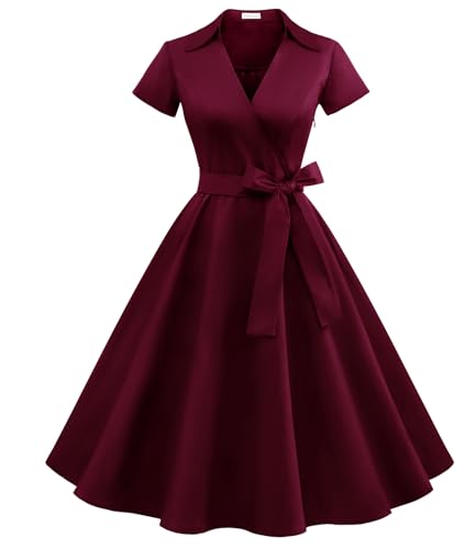 Timormode Schönes Kleid für Damen A-Line Swing Cocktail Festlich Midilang Rockabilly Kleid Burgundy M von Timormode