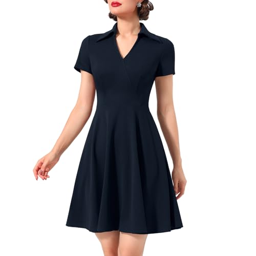 Timormode Schönes Kleid für Damen A-Line Swing Cocktail Festlich Midilang Kleid Rockabilly Kleider Damen Abendkleid Elegant Freizeitkleider Marineblau 3XL von Timormode