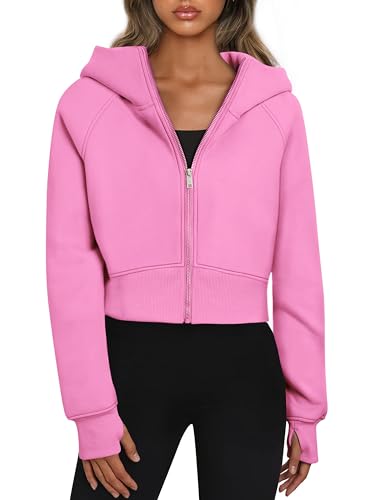 Timuspo 90er Jacke Damen Langarm Zip Up Hoodie Y2k Full-Zip mit Kängurutaschen Herbst Baumwolle Kapuzenpulli Kapuzenpullover Rosa XL von Timuspo