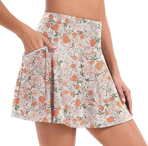 Timuspo Baderock Damen Schwimmrock Badeshorts Bikini Hose mit Rock Schwimmshorts Wanderrock mit 4 Taschen Blumen Orange S von Timuspo