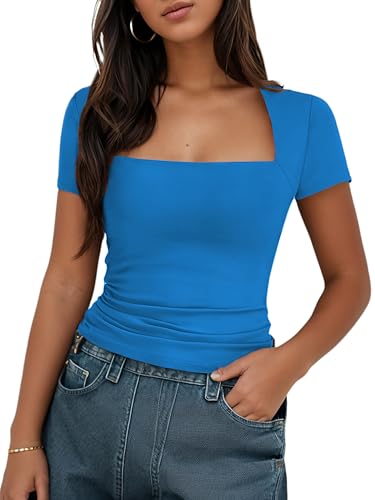 Timuspo Basic Cropped Shirt Damen Eng Kurzarm Slim Fit Sommer Tops Y2k Stretch Enges Blaues Top Casual Bluse Tshirt S von Timuspo
