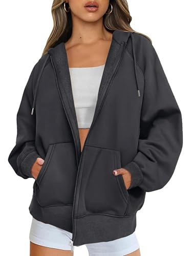 Timuspo Basic Hoodie Fleece Kapuzenpullover für Damen Langarm Oversize Sweatshirt Herbst Winter Sport Pullover mit Taschen Dunkelgrau M von Timuspo