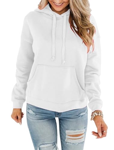 Timuspo Basic Hoodie Oberteil Damen Lange Ärmel Weiss Casual mit Kordelzug Kapuzenpullover Herbst Winter Sweatshirt Kapuzenpulli L von Timuspo