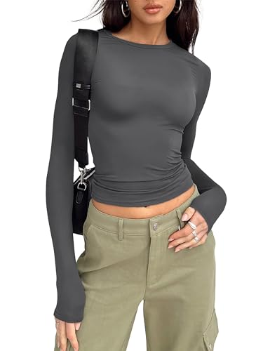 Timuspo Basic Langarmshirt Damen Langarm Shirt Crop Tops Damen Enges Oberteil Rundhalsausschnitt Y2K Clothes Basic Tops Frühling Sommer Winter Tief Grau M von Timuspo