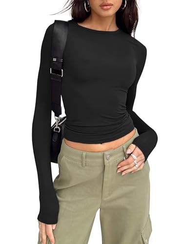 Timuspo Basic Langarmshirt Damen Schwarz Long Sleeve Shirt Women Slim Fit Y2K Top Oberteile Langarm Shirts Crop Tops Streetwear Vintage Clothes Schwarz L von Timuspo