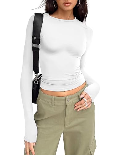 Timuspo Basic Langarmshirts Damen Weiß Crop Top Langarm Rundhals Y2K Top Slim Fit Langarm T-Shirt Aesthetic Lässige Streetwear Stockholm Style M von Timuspo