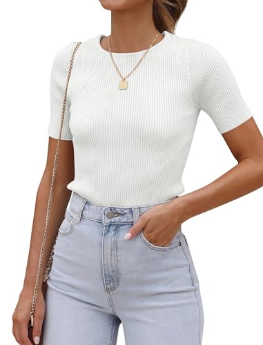 Timuspo Basic Shirt Damen Halb Ärmel Rib Sommerpullover Damen Weiße Bluse Kurzarm Oberteile Frühling Summer Clothes for Women L von Timuspo