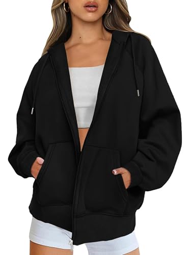 Timuspo Basic Sweatjacke Oversize Freizeitkleidung Schwarze Strickjacke Damen mit Kapuze Full-Zip Baumwolle Pullover Vintage Herbst Streetwear Hoodie XL von Timuspo