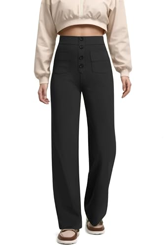Timuspo Bequem Freizeithose Damen Lang mit Mehrere Taschen Hose Elegant Geradem Bein Schwarz Weite Hose Stretch Mode Yogahose M von Timuspo