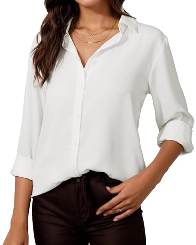 Timuspo Bluse Damen Elegant Büro Button-Down Bequem Weisse Blusen V-Ausschnitt Hemdbluse Langarm Oberteile Lässig Leinenbluse Hemd S von Timuspo