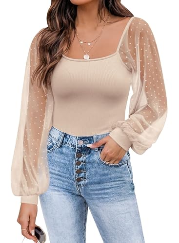 Timuspo Bluse Damen Elegant Puffärmel Langarmshirt Ribbed Knit T-Shirt Rundhals Ausschnitt Oberteile Slim Fit Casual Cocktails Partys Shirts Aprikose S von Timuspo