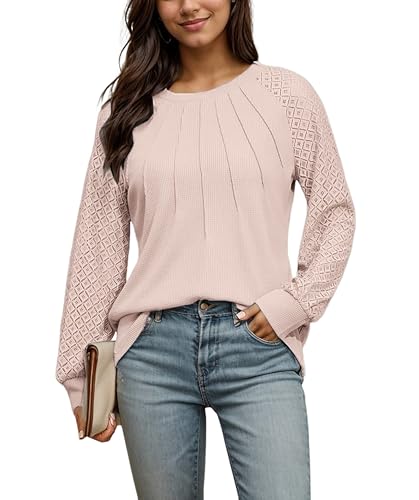 Timuspo Bluse Damen Langarm Waffel Elegantes Oberteil mit Spitze Ärmel Shirts Frühling Herbst Tunika Rundhals Tshirts Aprikose L von Timuspo
