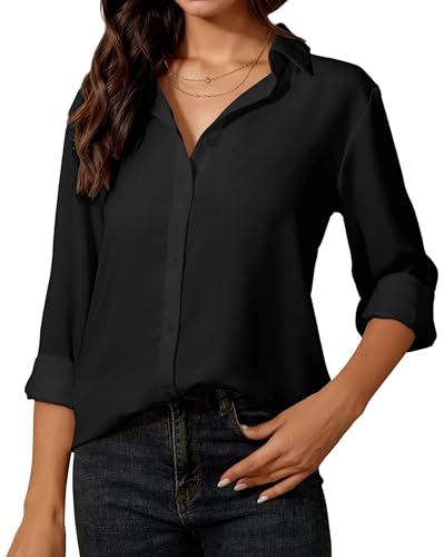 Timuspo Bluse Schwarz Damen Button-Down Hemdbluse Lockere Elegante Blusen V-Ausschnitt Oberteile Langarm Musselin Oversized mit Kragen M von Timuspo