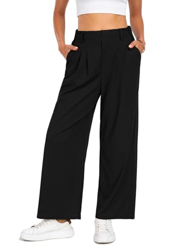 Timuspo Bundfaltenhose Damen Waffelstrick Hose Weites Bein Elegant Lässig Locker Sommerhose mit Gummizug Weitem Stoffhose Schwarz S Petite von Timuspo