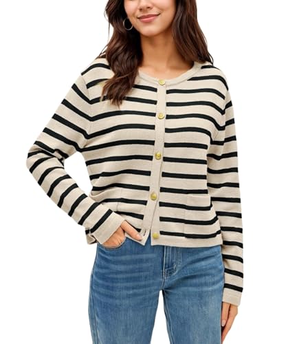 Timuspo Cardigan Damen Herbst Langarm Gestreifte Strickjacke mit Taschen Rundhals Pullover Elegant Button Down Strickjacken Aprikose XL von Timuspo