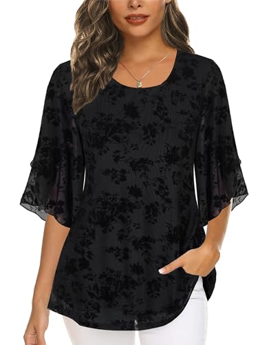 Timuspo Chiffon Blusen & Tuniken Halbärmel Tunika Lässige Oberteile Chiffonblusen Loose Fit Top Sommer für Damen Grau L von Timuspo