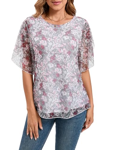 Timuspo Chiffon Tunika Oberteil Top Halbärmel Hemd Grosse Grössen Damen Modern Bluse Basic Tops Oberteile Rundhals Lose Hemdbluse Blumen Schwarz L von Timuspo