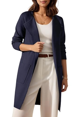 Timuspo Coatigan Damen Wintermantel Leichte Long Cardigan Herbst Offene Front Langarm Strickjacke Strickmantel mit Taschen Marineblau L von Timuspo