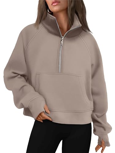 Timuspo Cropped Pullover Damen Sweatjacke Stehkragen Half Zip Hoodie Winter Athletic Sweatshirt Kurz Casual Einfarbig Oberteile Hellbraun L von Timuspo