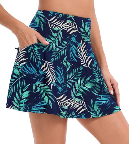 Timuspo Damen Bademode Kurze Rock mit Hose Drunter Bikinirock Elegant Bikinihose Sportrock Schwimmrock Strandrock Blatt-Marineblau,S von Timuspo