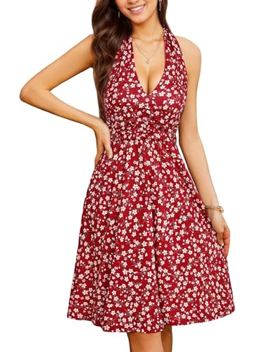 Timuspo Damen Blumenkleid mit 2 Taschen Tunika Kleid Sommer mit Rüschen Sommerkleid Rückenfreie Kleider Summer Dress for Women Rot M von Timuspo