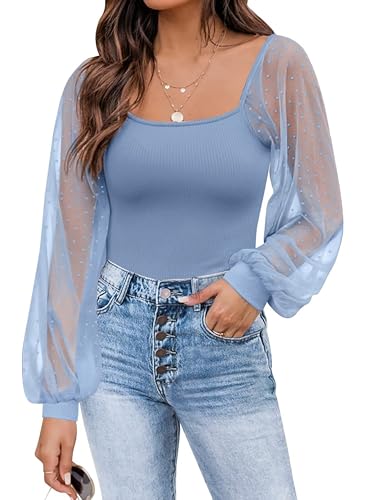 Timuspo Damen Blusen Ribbed Knit Top Langarmshirt Rundhals Ausschnitt T Shirt Casual Elegantes Hemd Sommer Oberteile Blau L von Timuspo