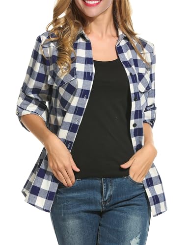 Timuspo Damen Buffalo Plaid Flanell Hemd Langarm Kragen Button Down Blusen Tops Marineblau/L von Timuspo