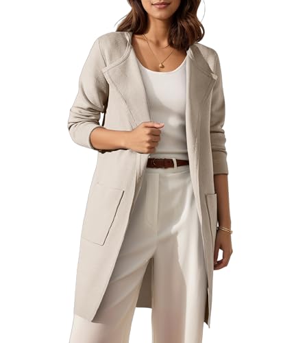 Timuspo Damen Cardigan Lang Elegant Strickjacke Beige Langärmliger Pullover Strickjacken Vorne Offen Wintermantel S von Timuspo