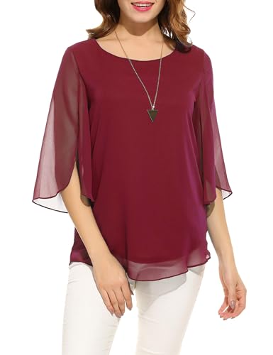 Timuspo Damen Chiffon Bluse Halbärmel Tunika Lässige Oberteile Blusenshirt Basic Tops Weinrot,M von Timuspo