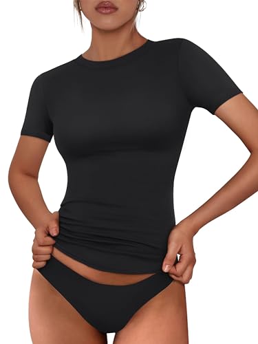 Timuspo Damen Crop Top Basic Shirt Kurzarm Y2K Casual Rundhals Enges Oberteil Teenager Mädchen Sommer T-Shirt Schwarz, XL von Timuspo