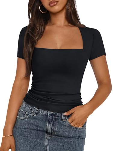Timuspo Damen Crop Top Basic Shirt Streetwear Y2K Kurzarm Slim Fit Teenager Mädchen Schwarz Tops Eckiger Ausschnitt Shirts Sommer Oberteile M von Timuspo