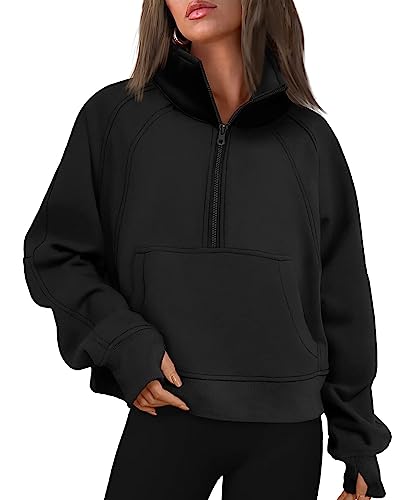 Timuspo Damen Cropped Half Zip Stehkragen Sweatshirts Fleece gefüttert Langarm Workout Pullover Daumen Loch Känguru Taschen von Timuspo