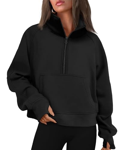 Timuspo Damen Cropped Half Zip Stehkragen Sweatshirts Fleece gefüttert Langarm Workout Pullover Daumen Loch Känguru Taschen von Timuspo