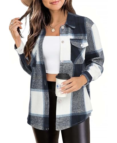 Timuspo Damen Flanell Karierte Hemdjacke Baumwolle Revers Jacke Button-Down-Bluse Shacket Herbst Mantel Blau XL von Timuspo