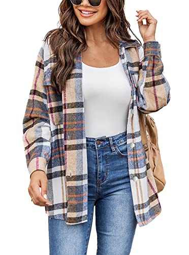 Timuspo Damen Flanell Karierte Hemdjacke Lange Ärmel Baumwolle Revers Button-Down-Bluse Shacket Mantel von Timuspo