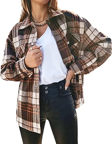 Timuspo Damen Flanellbluse Karierte Gefüttert Hemdjacke Holzfällerhemd Baumwolle Revers Shacket Mantel Braun M von Timuspo