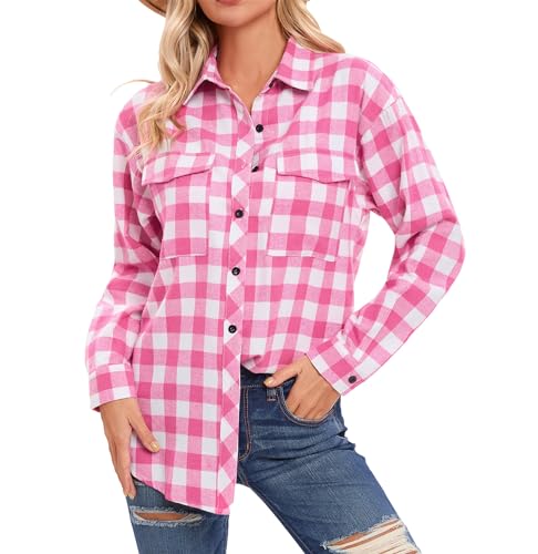 Timuspo Damen Flanellhemd Kariertes Hemdbluse Langarm Oktoberfest Bluse Karo Tunika V-Ausschnitt Baumwolle Button-down Holzfäller Oberteile Casual Tops Weiß Rosa XXL von Timuspo