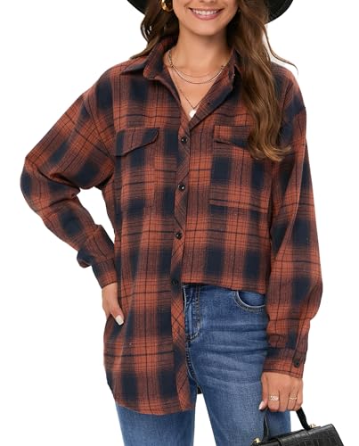 Timuspo Damen Flanellhemd Kariertes Karobluse Knopfleiste Langarmshirt Oberteile Karo Tunika Casual Oktoberfest V-Ausschnitt Tops, Orange M von Timuspo