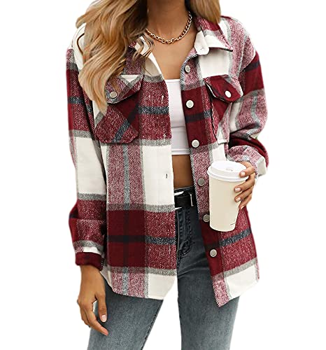 Timuspo Damen Flanellhemd Shacket Mantel Lange Ärmel Karierte Hemdjacke Baumwolle Revers Button-Down-Bluse von Timuspo