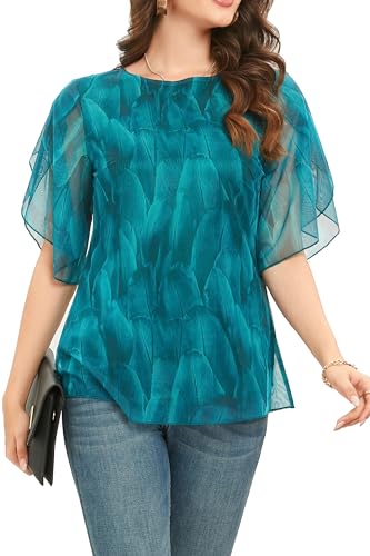 Timuspo Damen Halbärmel Chiffon-Blusenhemden, Elegantes fließendes Rundhalsband Grünes Tunika-Oberteil von Timuspo