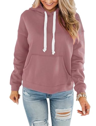 Timuspo Damen Hoodie Baumwolle Kapuzenpullover Lange Ärmel Rosa Pullover mit Kapuze Einfarbig Herbst Winter Hoody Casual Sweatshirt Kapuzenpulli S von Timuspo