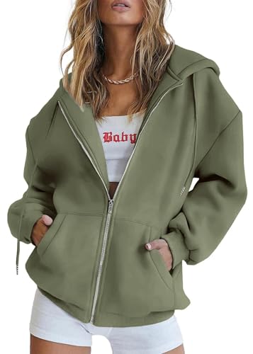 Timuspo Damen Hoodie mit Reißverschluss Kapuzenjacke Herbst Winter Lang Sweatshirt Kapuzenpullover mit Kapuze Mantel Oversize Pullover Graugrün M von Timuspo