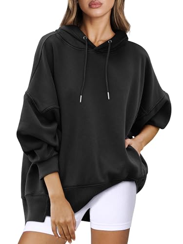 Timuspo Damen Hoody mit Kapuze Einfarbig Oversize Y2k Schwarzer Hoodie Basic Langarm Pullover Kapuzenpullover Frühling Autumn Sweatshirt L von Timuspo