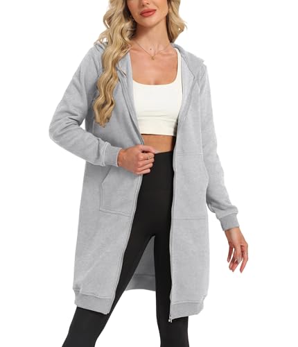 Timuspo Damen-Jacken Knielange Länge Sweatjacke Damen Oversize Zipper Hoodie Mit Kapuze Leichte Jacke Herbst Gewinde Manschette Grau L von Timuspo